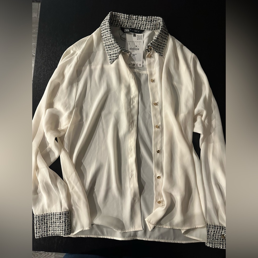 Zara White Blouse with Black Tweed Collar Size Large